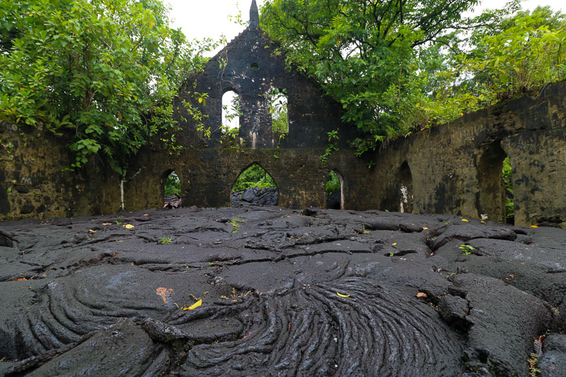 Lava ruined churches and lagoon